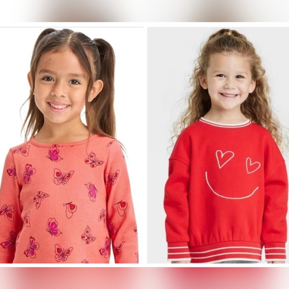 Cat & Jack Orange Butterfly Long Sleeve Shirt & Red Heart Smile Sweatshirt